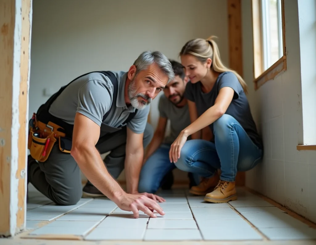 Artisan carreleur guidant un couple de propriétaires lors de la pose de carrelage dans une salle de bain en rénovation DIY