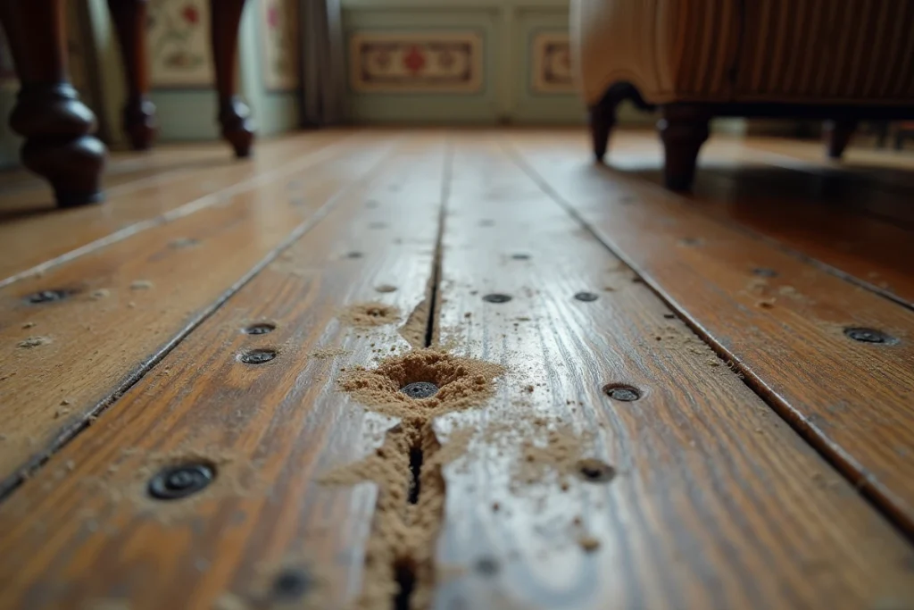 Gros plan sur un parquet ancien avec des trous de mites du bois et de la sciure caractéristique d'une infestation