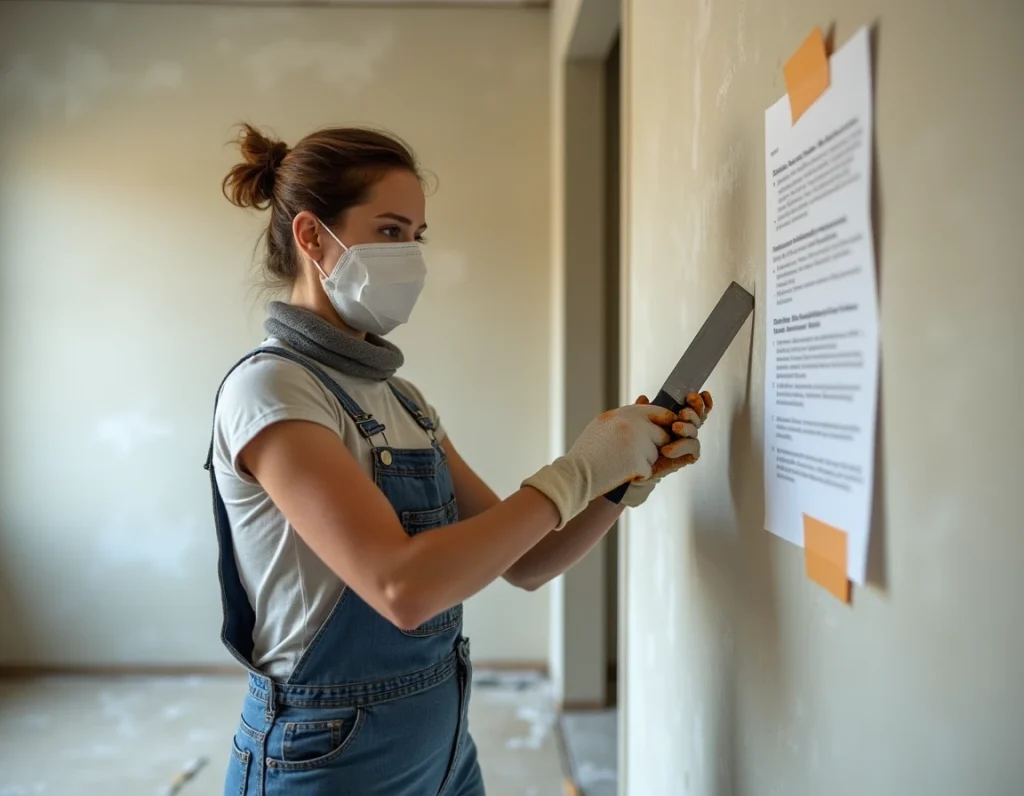 Femme réalisant des travaux d'enduit sur cloison sèche en suivant les conseils d'un artisan lors d'une rénovation DIY guidée