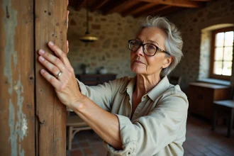 Femme inspectant une poutre en bois ancienne infestée par des mites du bois dans une maison de campagne française