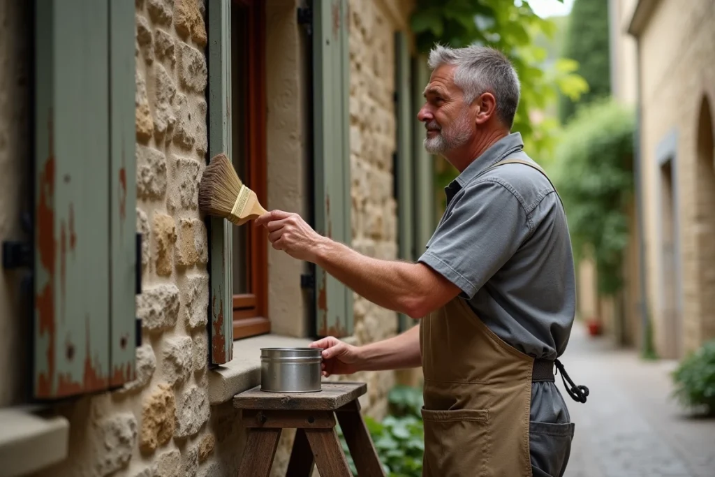 Artisan appliquant un traitement préventif contre les mites du bois sur des volets anciens en bois d'une maison de village