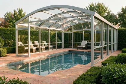 Abri de piscine en aluminium et polycarbonate sur une piscine rectangulaire dans un jardin résidentiel bien entretenu