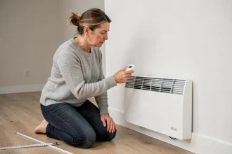 Femme examinant un radiateur électrique mural dans un logement vide en cours d'aménagement