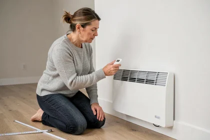 Femme examinant un radiateur électrique mural dans un logement vide en cours d'aménagement