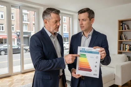 Agent immobilier tenant un diagnostic de performance énergétique dans un salon moderne, expliquant les classes énergie à un acheteur potentiel