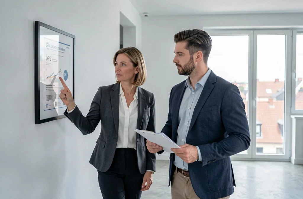 Agent immobilière présentant le diagnostic de performance énergétique d'un appartement neuf à un acheteur potentiel