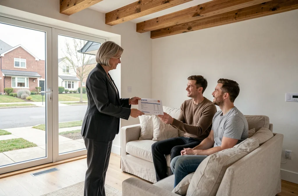 Agente immobilière présentant une estimation de valeur augmentée à des propriétaires dans un intérieur rénové avec chauffage au sol et triple vitrage