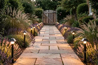 Allée de jardin en pierre bordée de lampes solaires à piquet au crépuscule avec lavande et herbes ornementales