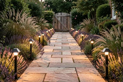 Allée de jardin en pierre bordée de lampes solaires à piquet au crépuscule avec lavande et herbes ornementales