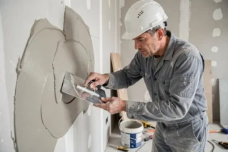 Ouvrier appliquant de la map enduit sur une plaque de placo avec une taloche en acier inoxydable sur un chantier de rénovation intérieure