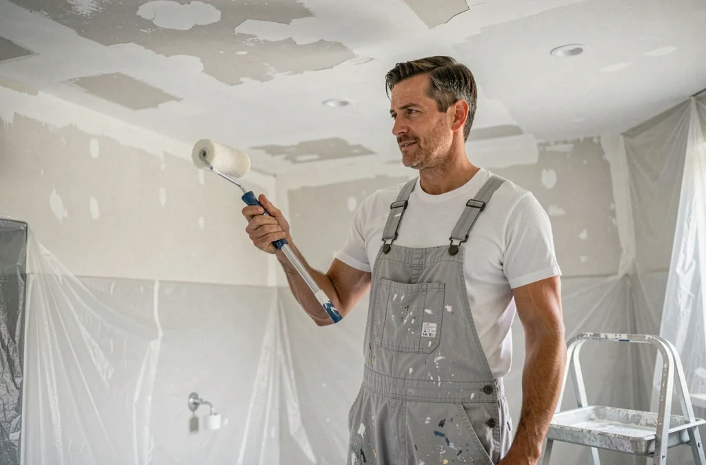 Personne appliquant de la peinture satinée au rouleau sur un plafond de salle de bains en rénovation