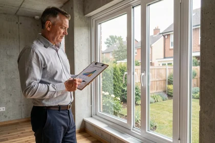 Architecte examinant une fenêtre à triple vitrage dans une maison moderne pour évaluer l'efficacité énergétique