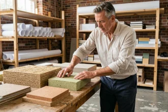 Architecte examinant des échantillons de matériaux biosourcés comme le chanvre, la paille et le liège dans un atelier professionnel