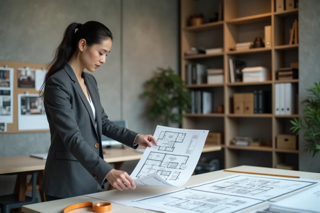 Architecte d'intérieur comparant des plans de chambre standard et de suite compacte dans un studio de design