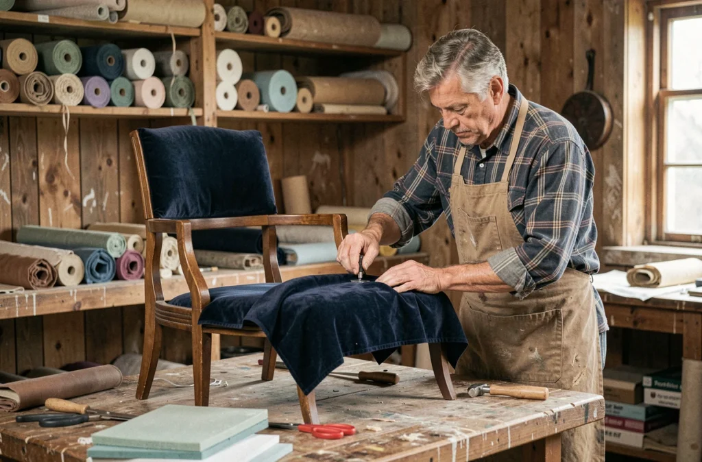 Artisan tapissier en train de poser du velours bleu marine sur un fauteuil Voltaire dans un atelier traditionnel