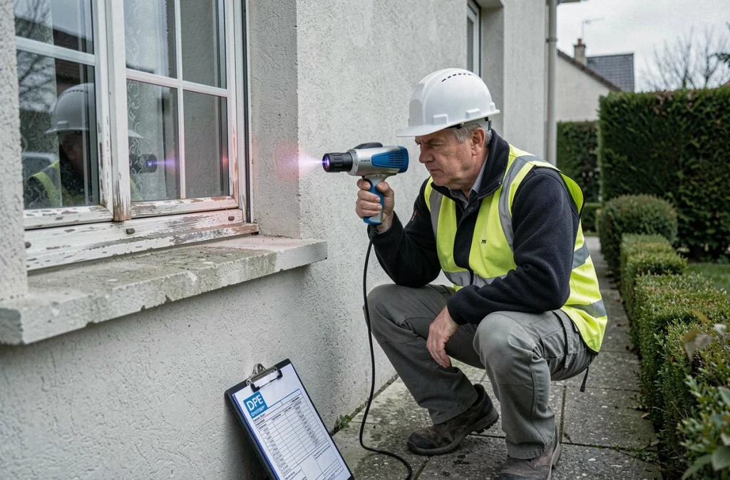 Auditeur énergétique réalisant un diagnostic de performance thermique sur la façade d'une maison individuelle avec une caméra infrarouge