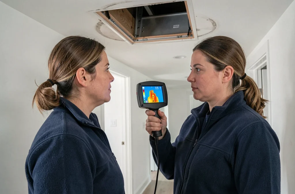 Auditrice énergétique utilisant une caméra thermique pour détecter les déperditions de chaleur au niveau d'une trappe de combles