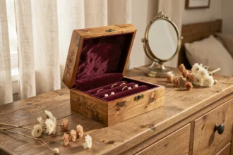 Boîte à bijoux en bois artisanale ouverte révélant un intérieur en velours bordeaux avec des bijoux en or et des perles posée sur une commode rustique