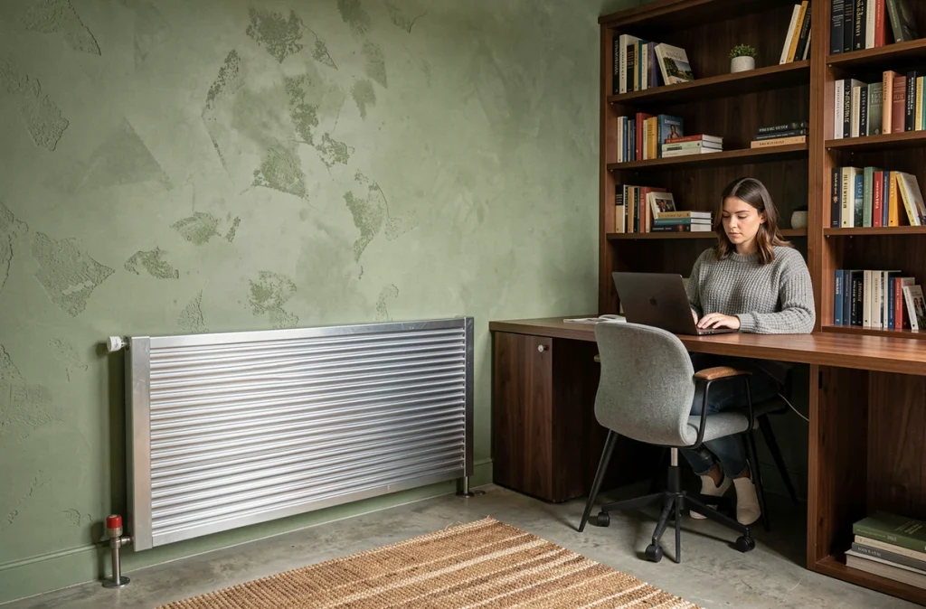 Bureau à domicile avec radiateur mural en acier et femme travaillant sur laptop dans une ambiance chaleureuse et homogène