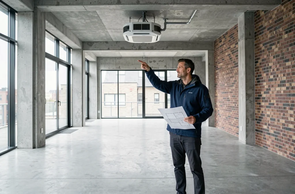 Homme tenant un plan d'appartement et désignant une pompe à chaleur au plafond dans un grand loft