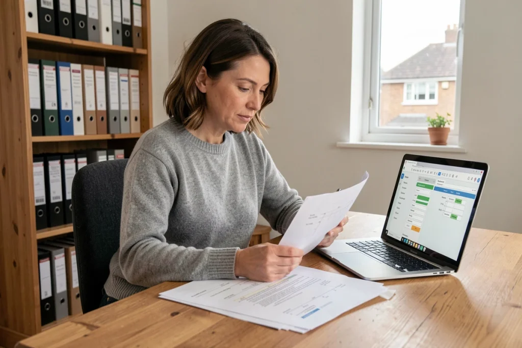 Femme consultant une calculette de résistance thermique pour choisir un isolant en fibre de bois Homatherm pour toiture