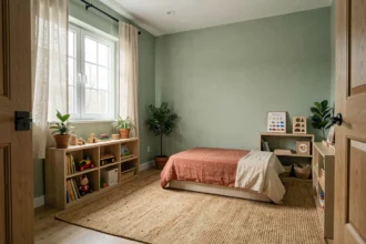 Chambre garçon Montessori avec murs vert sauge, étagères basses en bois et literie au sol en lin naturel