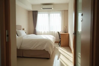 Chambre d'hôtel standard compacte avec lit double, bureau mural et agencement optimisé de l'espace