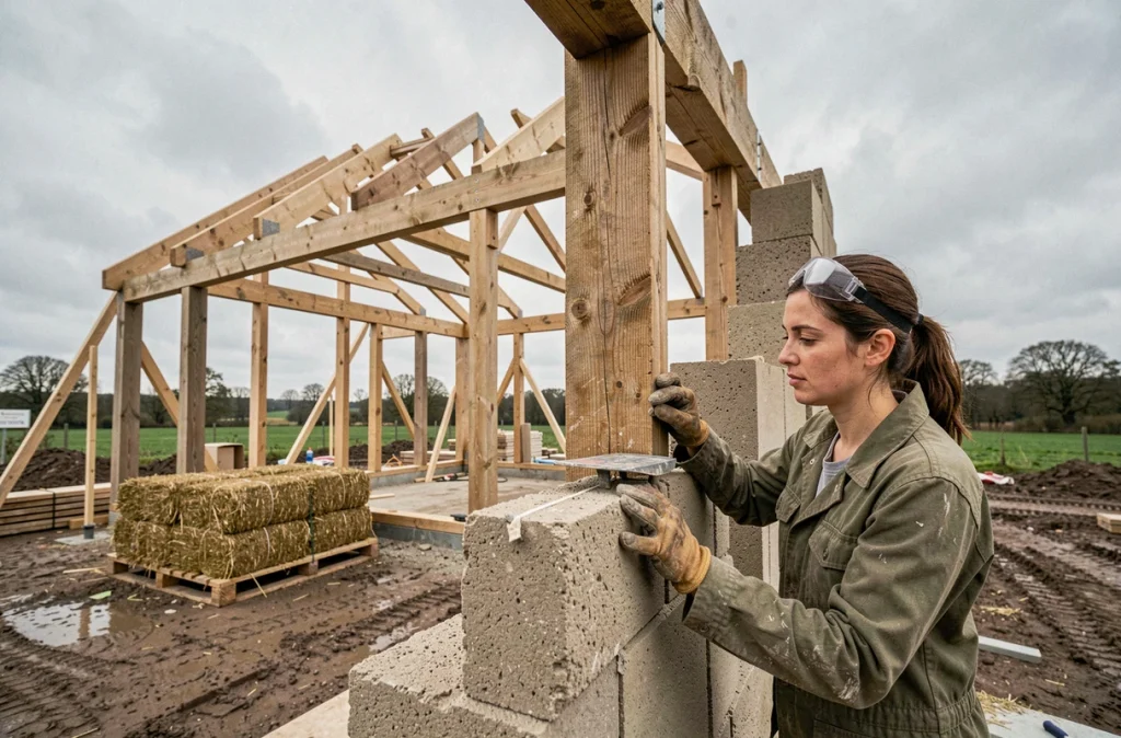 Ouvrière posant des blocs de béton de chanvre sur un chantier de construction biosourcée à ossature bois