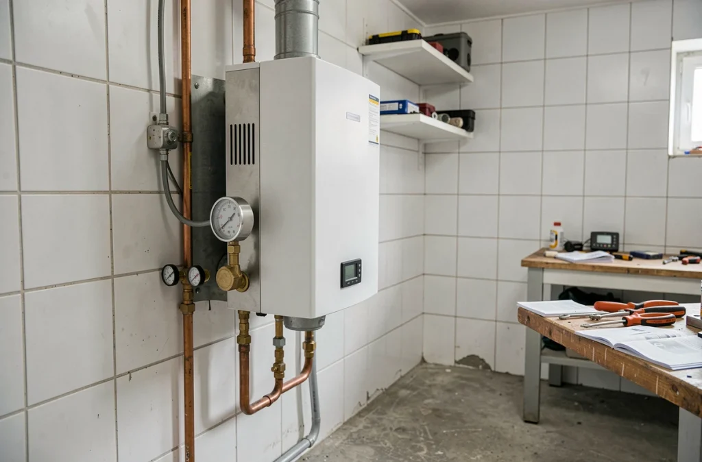 Chaudière à condensation moderne installée dans une chaufferie avec tuyauteries en cuivre et tableau de commande numérique