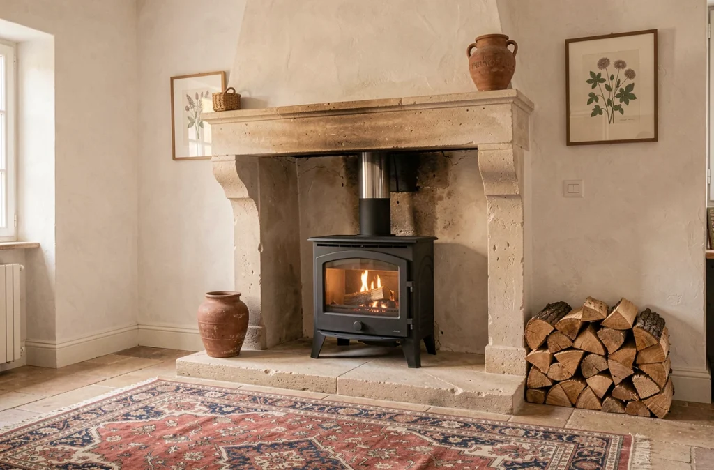 Cheminée traditionnelle rénovée avec insert à bois haute efficacité et conduit en acier inoxydable dans un intérieur provençal