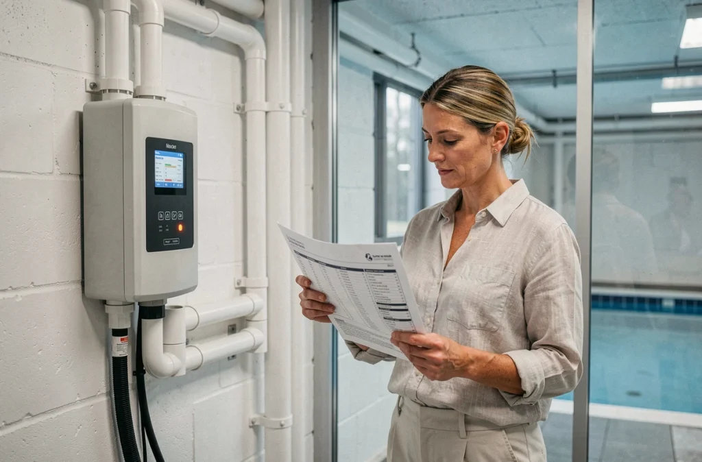 Femme consultant une fiche technique devant un chauffage électrique de piscine intérieure