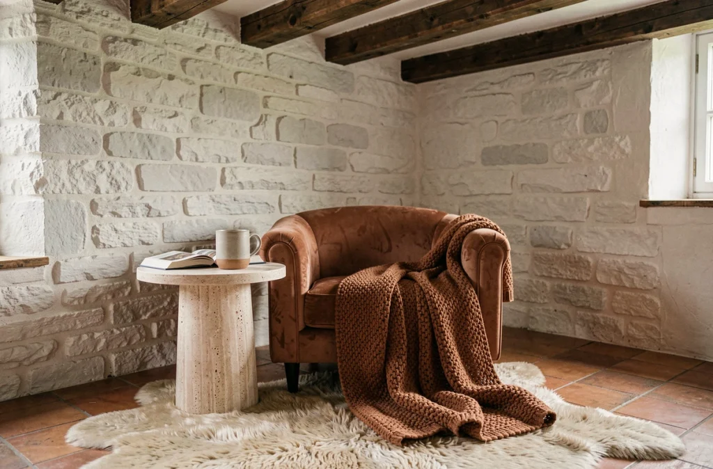 Coin lecture en chambre rustique avec fauteuil en velours terracotta, table en travertin et plaid en laine cannelle sur carrelage terracotta