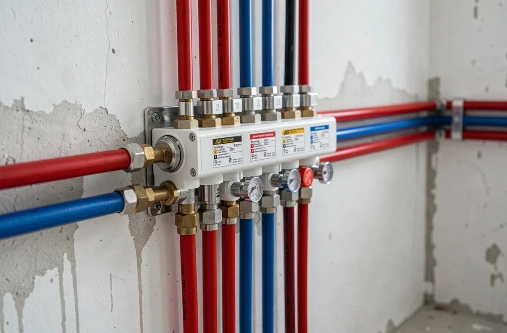 Collecteur de distribution pour plancher chauffant hydraulique avec tuyaux rouges et bleus fixés au mur