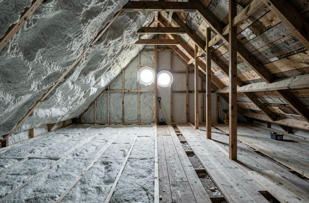 Vue intérieure d'un grenier en cours d'isolation avec soufflage de ouate de cellulose, montrant le contraste entre la zone isolée et la zone non traitée