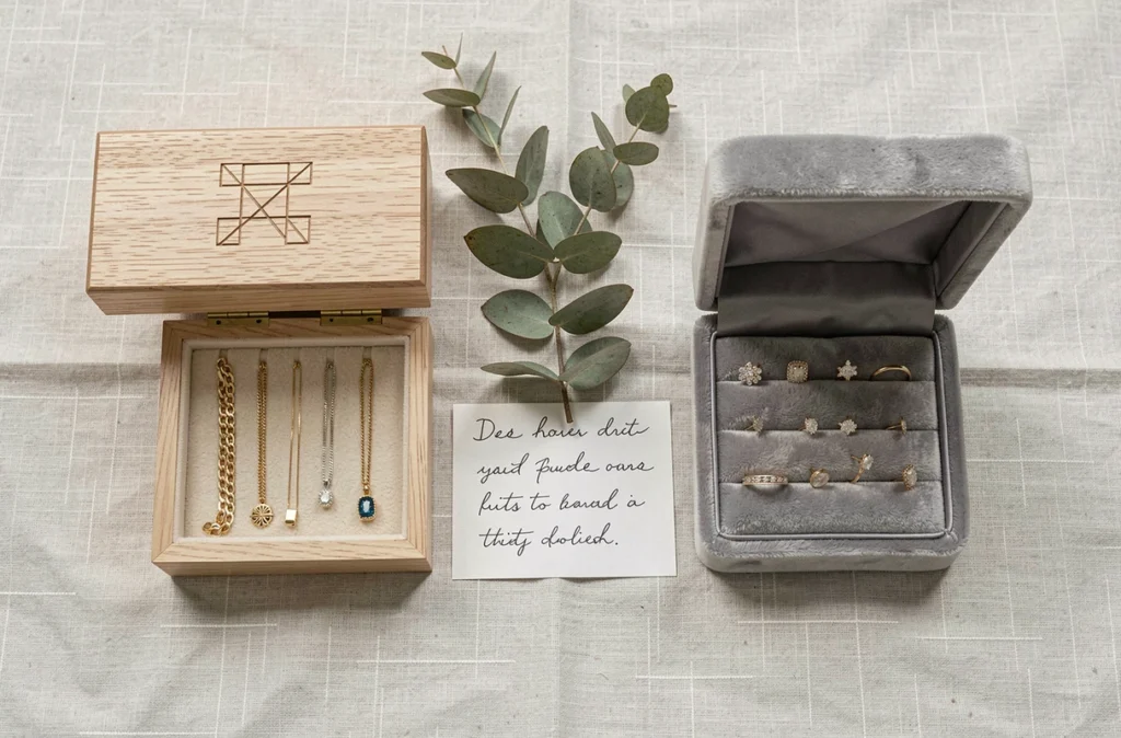 Vue de dessus comparant une boîte à bijoux en bois de frêne et une boîte en velours gris côte à côte avec des bijoux fins sur un tissu en lin