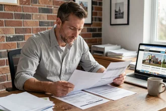 Homme comparant deux devis travaux imprimés côte à côte dans un bureau à domicile