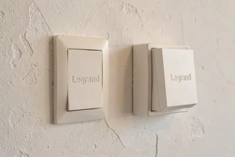Comparaison d'un interrupteur va-et-vient Legrand encastré et apparent côte à côte sur un mur blanc