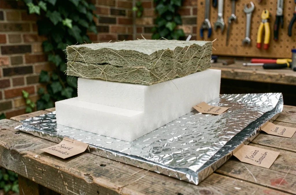 Comparaison de matériaux isolants pour piscine : laine minérale, polystyrène expansé et isolant réfléchissant sur un établi de jardin