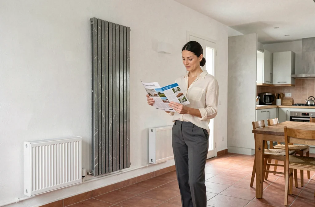 Une femme comparant des modèles de radiateurs à inertie dans une cuisine lumineuse avec ancien et nouveau radiateur visibles