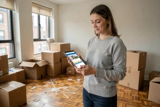 Femme consultant un comparateur d'offres d'énergie sur tablette dans un appartement en cours de déménagement avec cartons