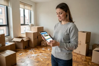 Femme consultant un comparateur d'offres d'énergie sur tablette dans un appartement en cours de déménagement avec cartons