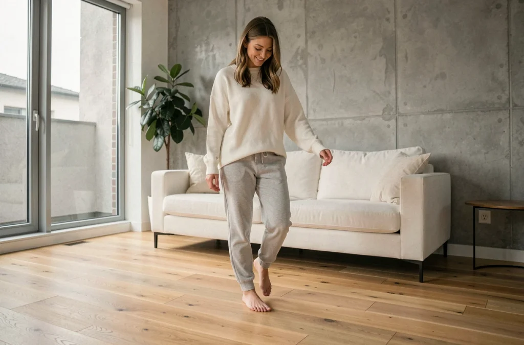 Femme pieds nus profitant de la chaleur d'un plancher chauffant recouvert de parquet en chêne dans un salon moderne