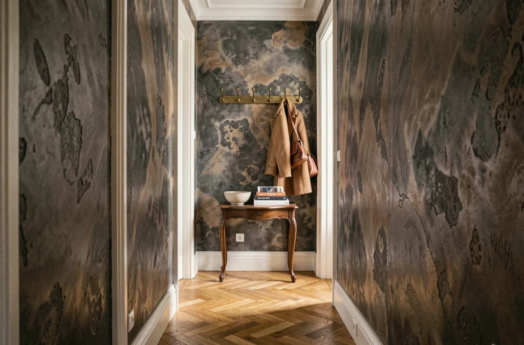 Couloir d'appartement parisien avec mur en tadelakt charbon texturé et parquet en point de Hongrie pour une ambiance moderne et raffinée