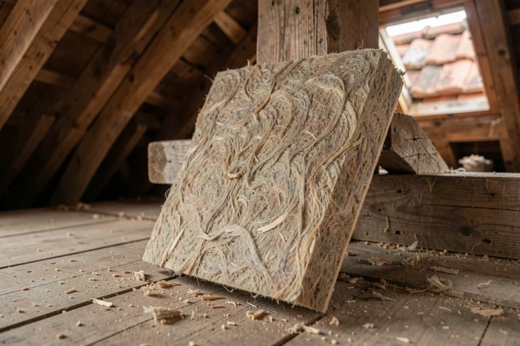 Coupe transversale d'un panneau isolant Homatherm en fibre de bois montrant la densité des fibres naturelles pour toiture