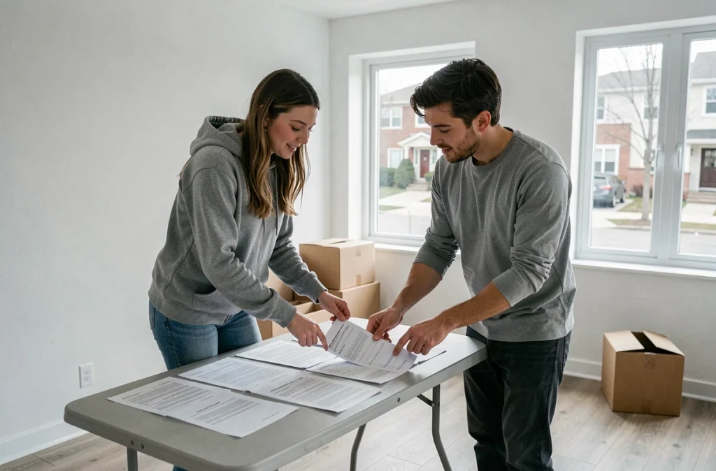Couple examinant des contrats et factures d'énergie dans leur nouveau logement vide lors d'un emménagement