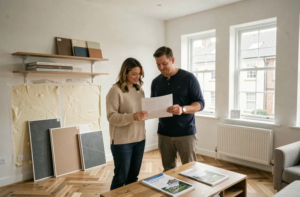 Couple examinant un bilan énergétique dans un salon rénové avec isolation thermique visible