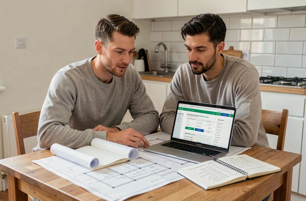 Couple consultant un calculateur de consommation énergétique pour adapter le chauffage à la surface de leur nouveau logement