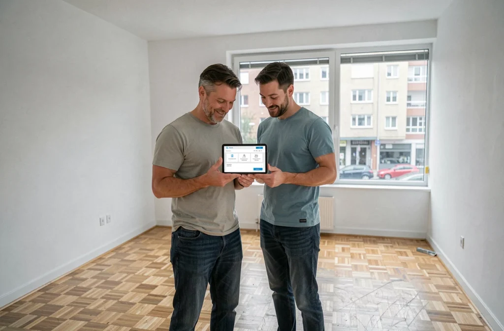Couple dans un appartement vide consultant une offre d'énergie sur tablette avant d'emménager