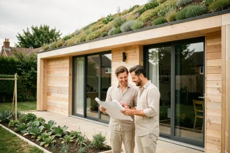 Couple de trentenaires devant une maison basse consommation moderne avec toiture végétalisée et bardage bois clair