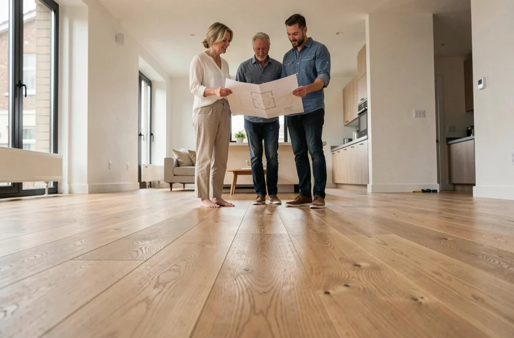 Couple découvrant leur nouveau salon rénové équipé d'un plancher chauffant en bois clair